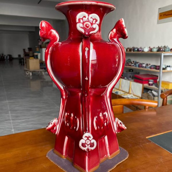 Handcrafted Yuzhou Jun Porcelain Vase with Double Phoenix Handles - Ruby Red Kiln-Glaze Decorative Sculpture